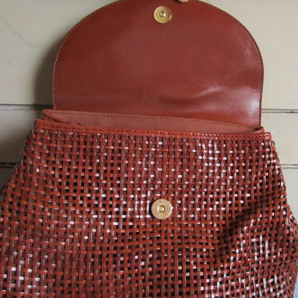 Brown leather wicker style handbag with long strap. Bruno Lorelli. 12x10" Used. - Picture 2 of 12